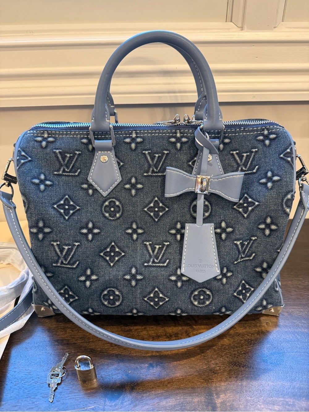 Denim Monogram Satchel in dark blue with bow